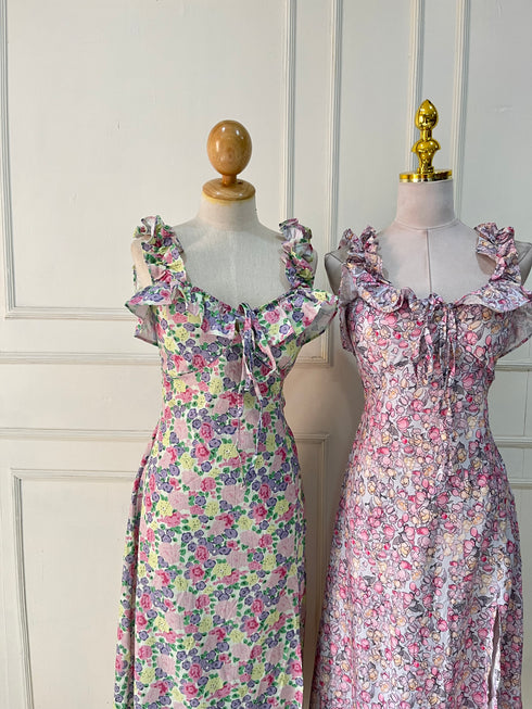 Spring Floral Ruffle Straps Side Slit Dresses